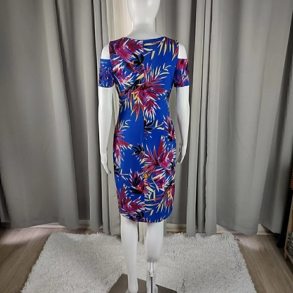 Calvin Klein Blue Tropical Floral Cruise Resort Cold Shoulder Dress, Size 2 - Picture 3 of 10